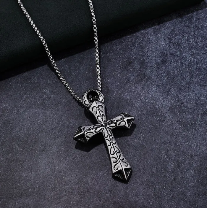 Vintage Viking Rune Cross Pendant – Polished Stainless Steel | Ready Stock