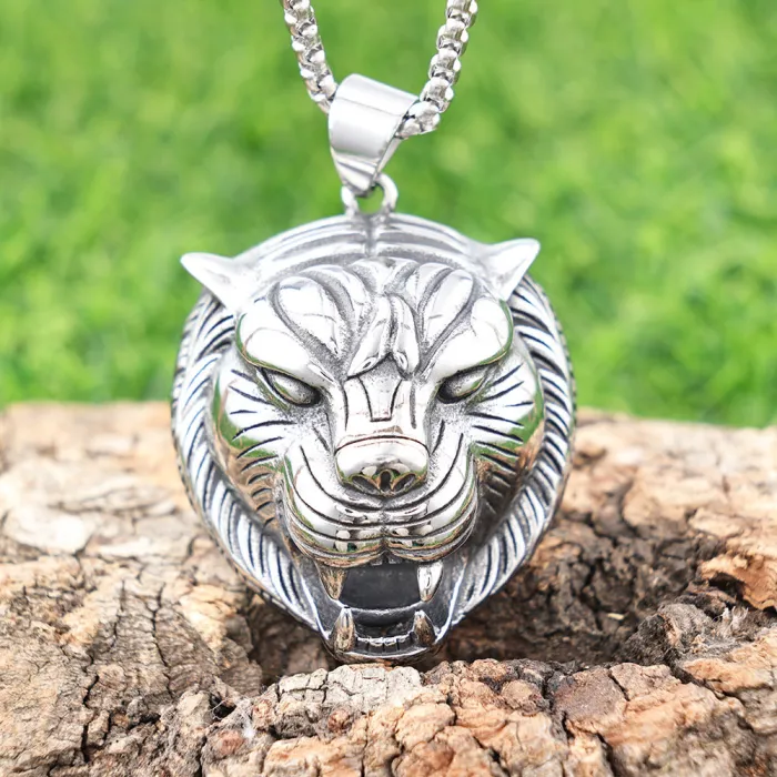 Stainless Steel Punk Tiger Head Necklace – Jungle King Animal Pendant for Men