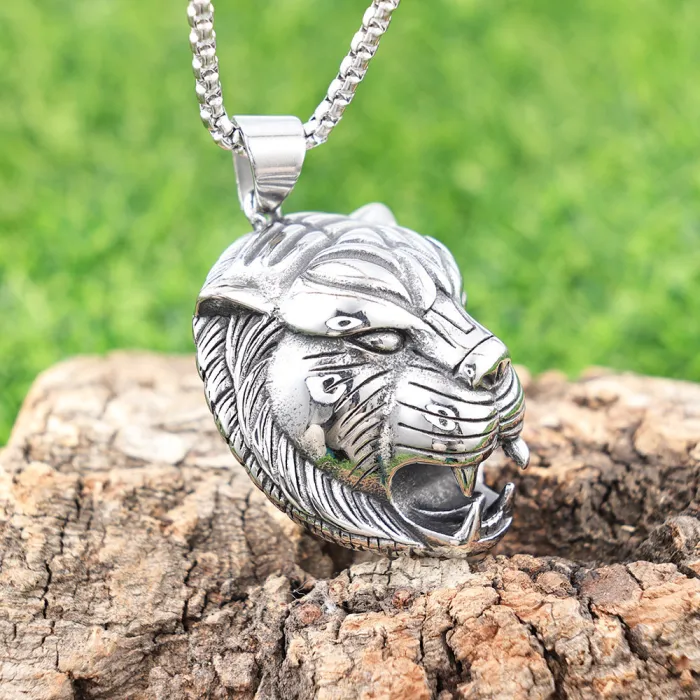 Stainless Steel Punk Tiger Head Necklace – Jungle King Animal Pendant for Men
