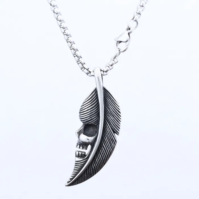 Unisex Punk Skull & Feather Pendant – Biker Style Stainless Steel Necklace