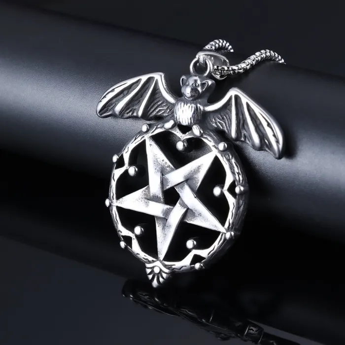 Polished Vintage Bat & Pentagram Pendant – Viking Style Stainless Steel Necklace