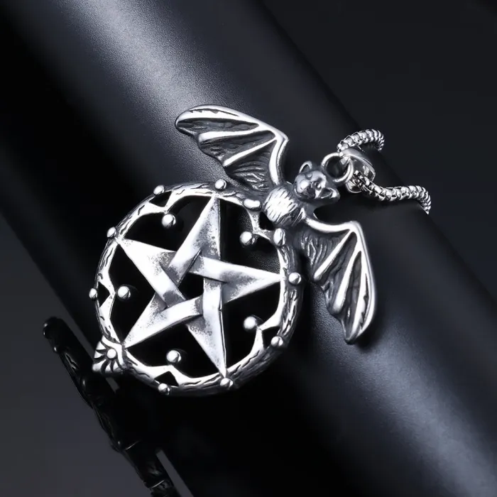 Polished Vintage Bat & Pentagram Pendant – Viking Style Stainless Steel Necklace