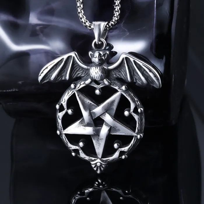 Polished Vintage Bat & Pentagram Pendant – Viking Style Stainless Steel Necklace