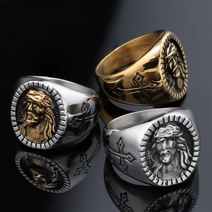 Cross & Faith Portrait Ring – Unisex Retro Stainless Steel Band for Men & Women | Bulk Jewelry Supplier