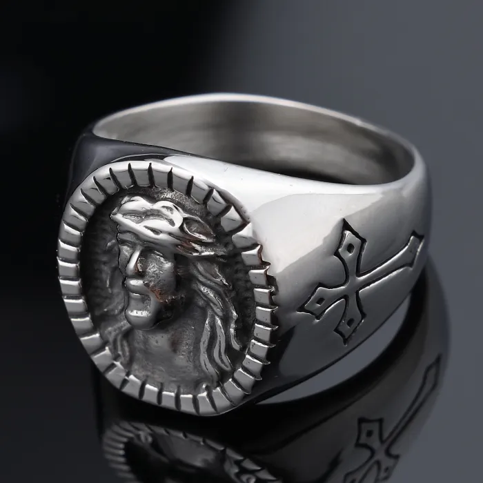 Cross & Faith Portrait Ring – Unisex Retro Stainless Steel Band for Men & Women | Bulk Jewelry Supplier