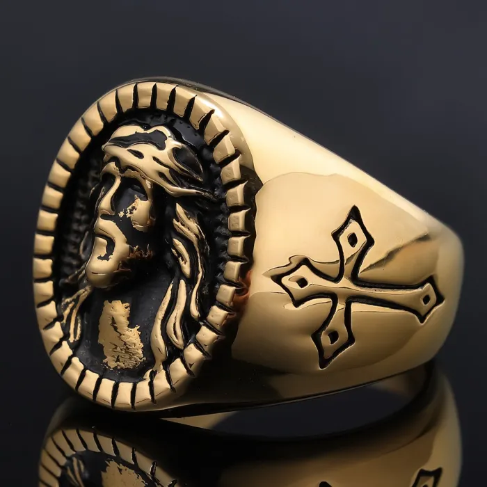 Cross & Faith Portrait Ring – Unisex Retro Stainless Steel Band for Men & Women | Bulk Jewelry Supplier