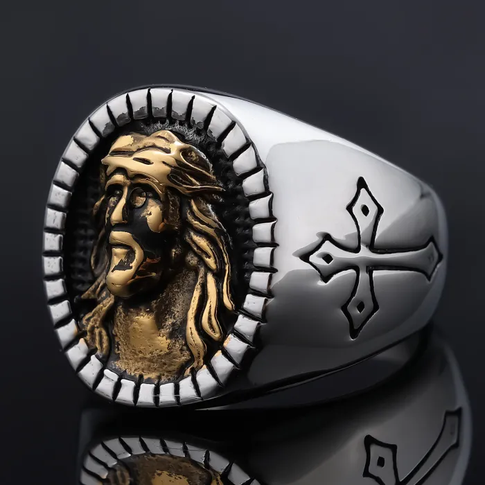 Cross & Faith Portrait Ring – Unisex Retro Stainless Steel Band for Men & Women | Bulk Jewelry Supplier