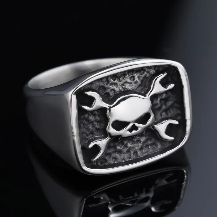 Vintage Punk Skull & Wrench Design Stainless Steel Ring – Biker Style Jewelry