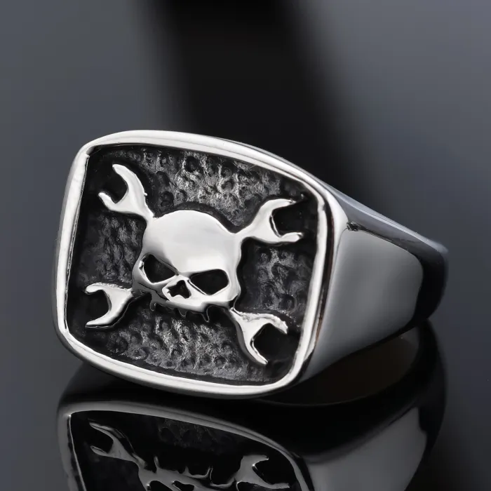 Vintage Punk Skull & Wrench Design Stainless Steel Ring – Biker Style Jewelry