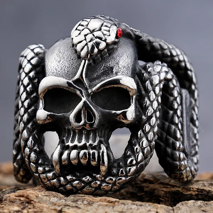 Men's Skull & Cobra Ring – Vintage Punk Biker Jewelry in Stainless Steel | Bulk Supplier for Resellers