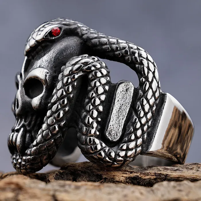 Men's Skull & Cobra Ring – Vintage Punk Biker Jewelry in Stainless Steel | Bulk Supplier for Resellers