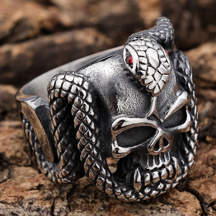 Men's Skull & Cobra Ring – Vintage Punk Biker Jewelry in Stainless Steel | Bulk Supplier for Resellers