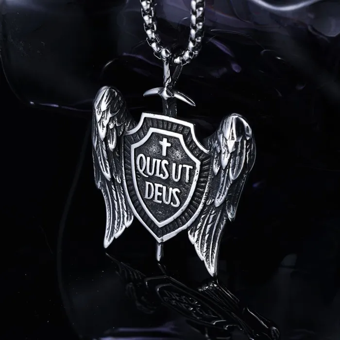 Hot-Selling Bold Stainless Steel Cross Shield Pendant with Wings and English Lettering