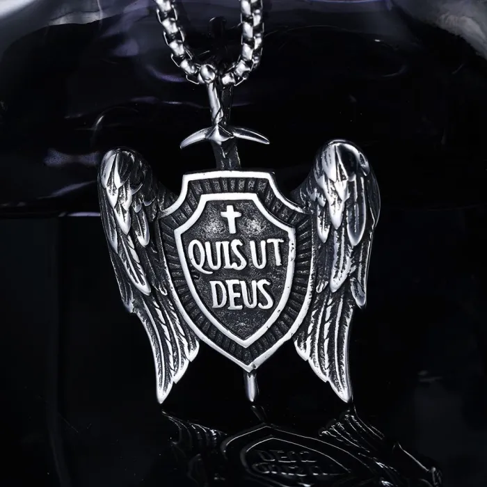 Hot-Selling Bold Stainless Steel Cross Shield Pendant with Wings and English Lettering