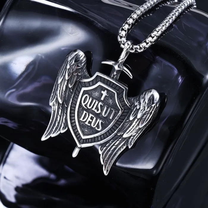 Hot-Selling Bold Stainless Steel Cross Shield Pendant with Wings and English Lettering