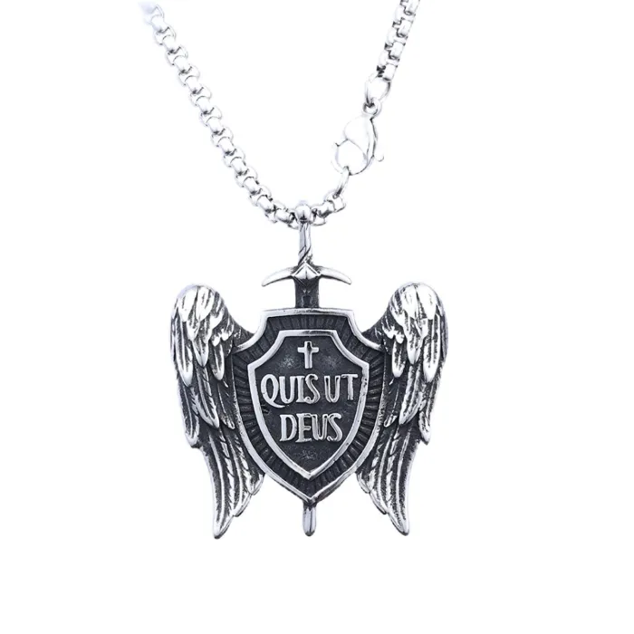 Hot-Selling Bold Stainless Steel Cross Shield Pendant with Wings and English Lettering