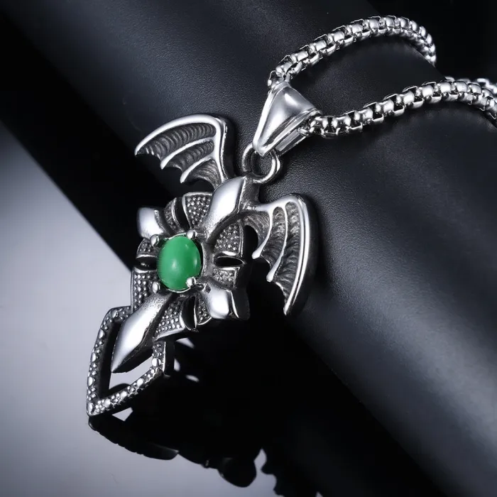 Wholesale Bold Green Gem Dragon Wing Triangle Pendant – Trendy Men's Retro Stainless Steel Necklace