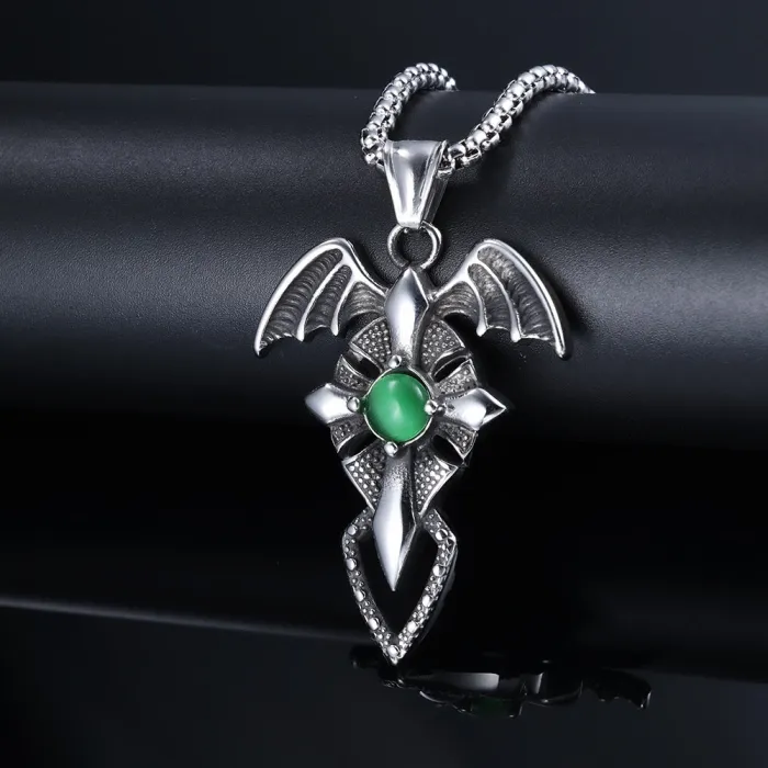 Wholesale Bold Green Gem Dragon Wing Triangle Pendant – Trendy Men's Retro Stainless Steel Necklace