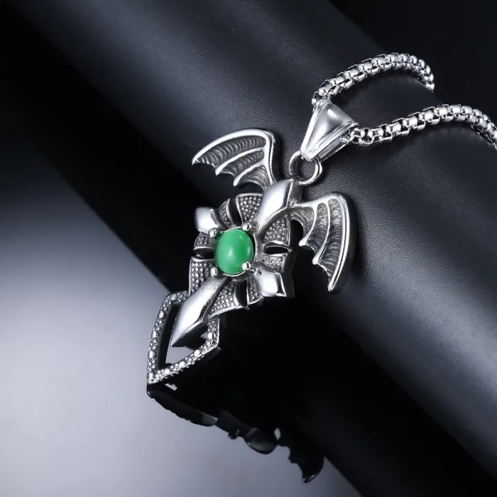 Wholesale Bold Green Gem Dragon Wing Triangle Pendant – Trendy Men's Retro Stainless Steel Necklace