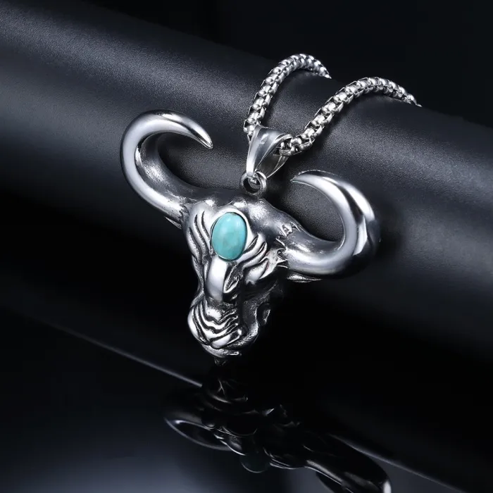 Vintage Turquoise Bull Horn & Ram Horn Pendant – Hip Hop Cross-Border Fashion Necklace for Men
