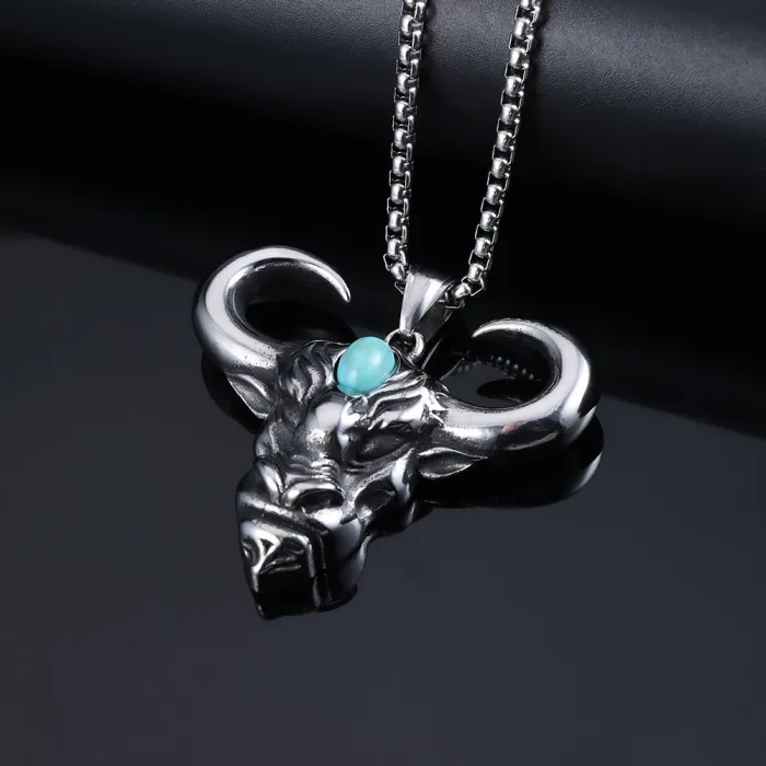 Vintage Turquoise Bull Horn & Ram Horn Pendant – Hip Hop Cross-Border Fashion Necklace for Men