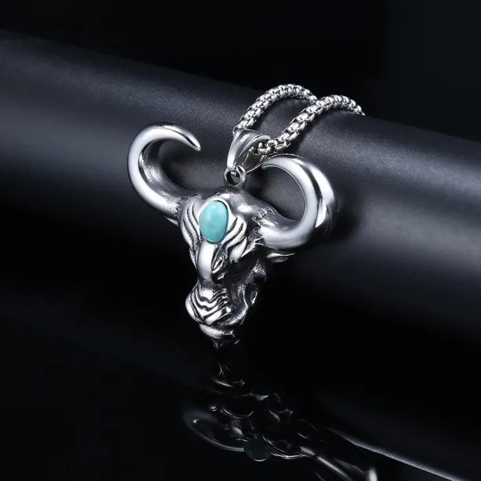 Vintage Turquoise Bull Horn & Ram Horn Pendant – Hip Hop Cross-Border Fashion Necklace for Men
