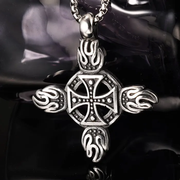 Punk Style Cross Biker Club Emblem Flame Pendant – Stainless Steel Men's Necklace (In Stock)