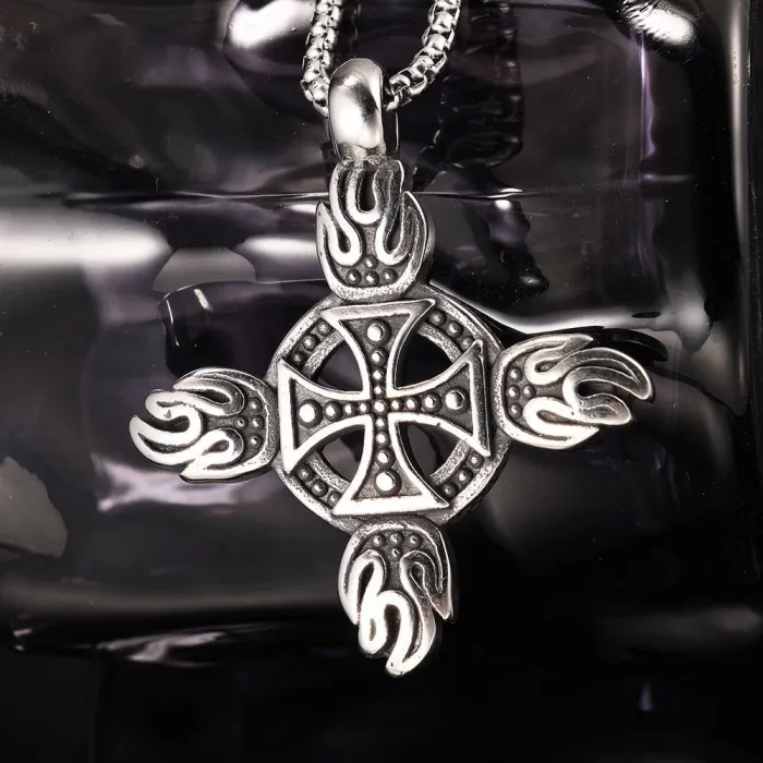 Punk Style Cross Biker Club Emblem Flame Pendant – Stainless Steel Men's Necklace (In Stock)