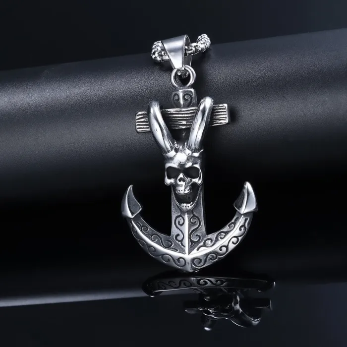 Trendy Anchor & Skull Pendant – Stainless Steel Gothic Nautical Necklace (Hot-Selling in Europe & US)