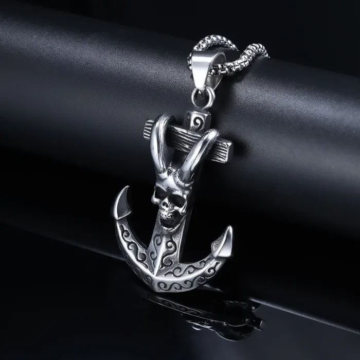 Trendy Anchor & Skull Pendant – Stainless Steel Gothic Nautical Necklace (Hot-Selling in Europe & US)