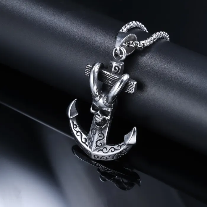 Trendy Anchor & Skull Pendant – Stainless Steel Gothic Nautical Necklace (Hot-Selling in Europe & US)