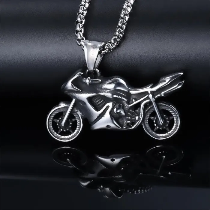 Vintage Motorcycle Pendant Necklace – Punk Biker Style Stainless Steel Chain for Men (In Stock)