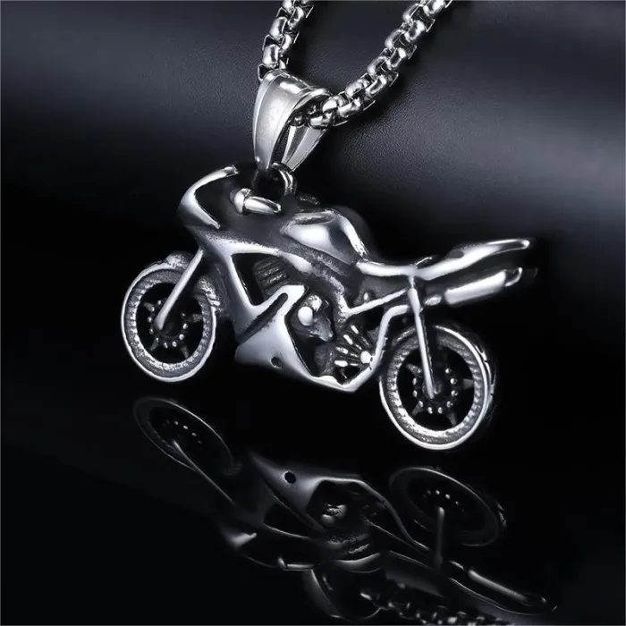 Vintage Motorcycle Pendant Necklace – Punk Biker Style Stainless Steel Chain for Men (In Stock)