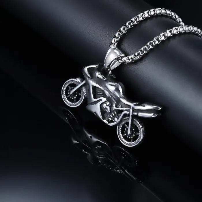 Vintage Motorcycle Pendant Necklace – Punk Biker Style Stainless Steel Chain for Men (In Stock)
