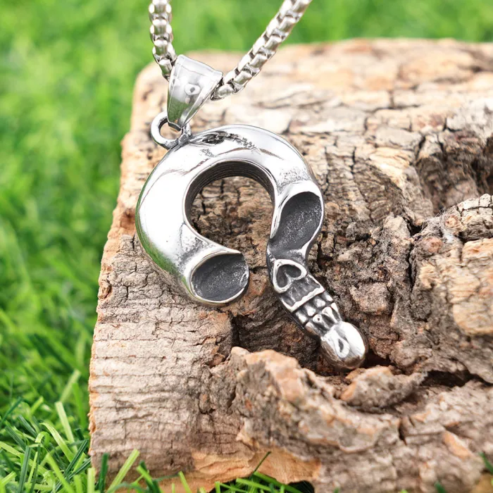 Trendy and Unique Question Mark Skull Pendant – Unisex Stainless Steel Necklace