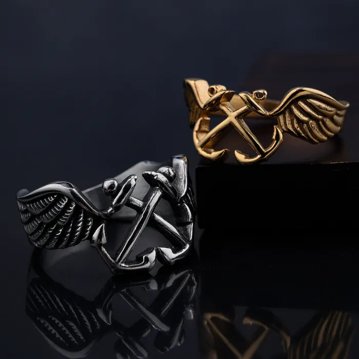 Unisex Titanium Steel Anchor Wing Ring – Punk Style, Durable & Trendy, Wholesale Men’s Jewelry
