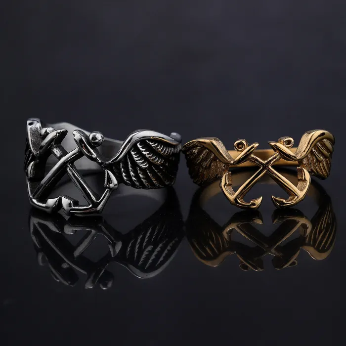 Unisex Titanium Steel Anchor Wing Ring – Punk Style, Durable & Trendy, Wholesale Men’s Jewelry