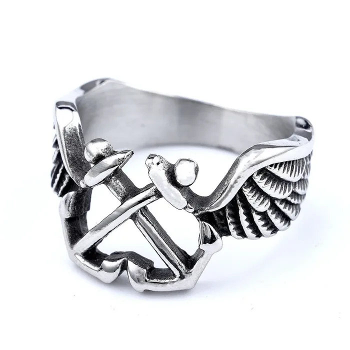 Unisex Titanium Steel Anchor Wing Ring – Punk Style, Durable & Trendy, Wholesale Men’s Jewelry