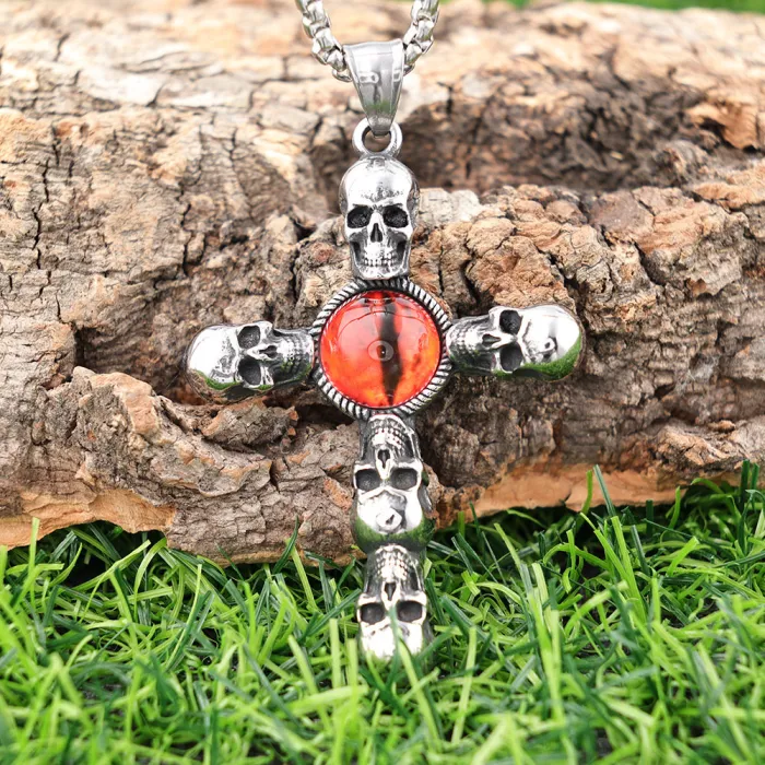 Vintage Red-Eyed Skull Cross Pendant – Polished Stainless Steel Unisex Necklace