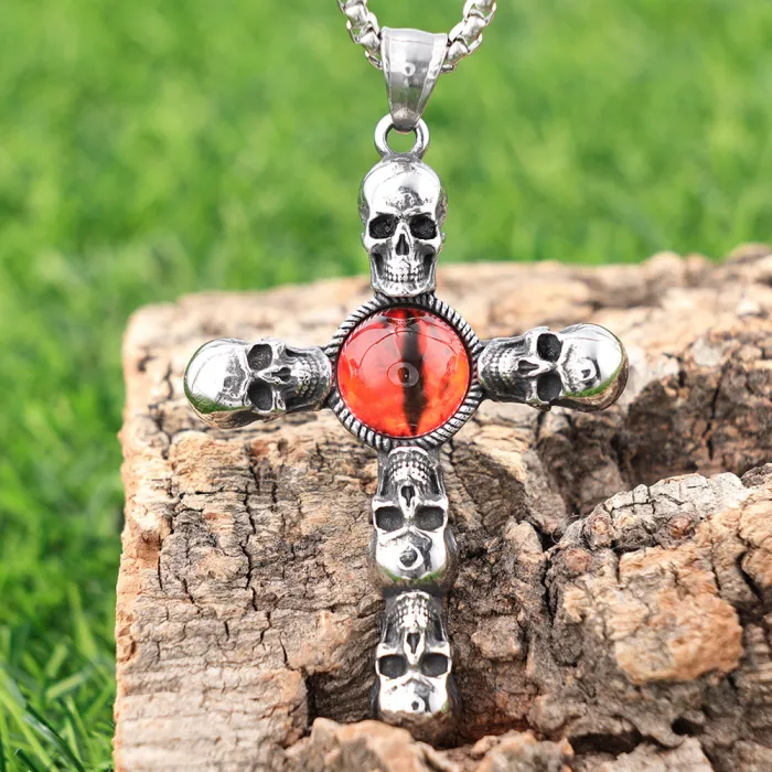 Vintage Red-Eyed Skull Cross Pendant – Polished Stainless Steel Unisex Necklace