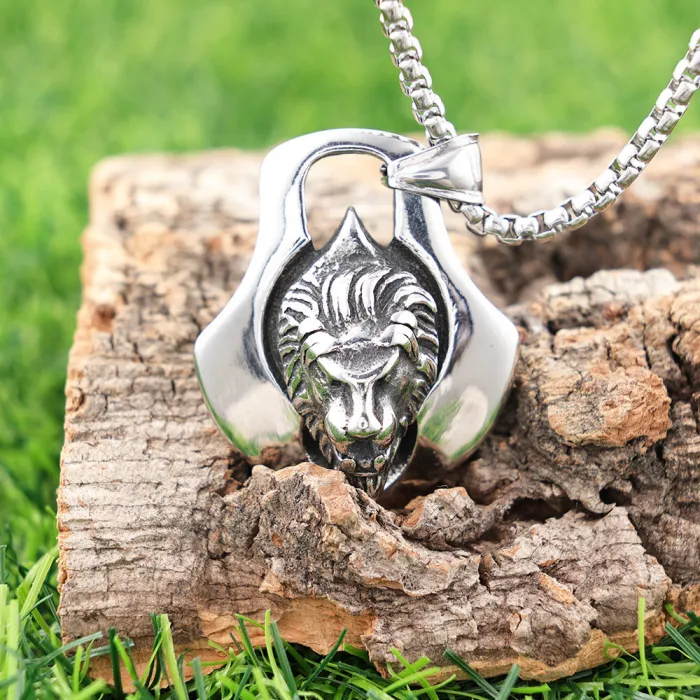 Viking Lion Head Pendant Stainless Steel Polished Norse Jewelry | Factory Direct Lion Symbol Necklace for Men | Ideal for Bulk Orders & Online Retail