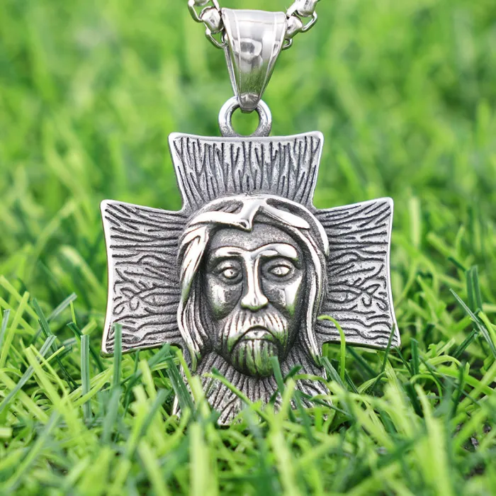 Vintage Mythical Figure Cross Pendant | Polished Stainless Steel Religious Necklace | Unique Design Jewelry | Factory Direct Supply for Wholesale and Online Resellers