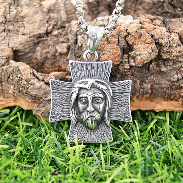 Vintage Mythical Figure Cross Pendant | Polished Stainless Steel Religious Necklace | Unique Design Jewelry | Factory Direct Supply for Wholesale and Online Resellers