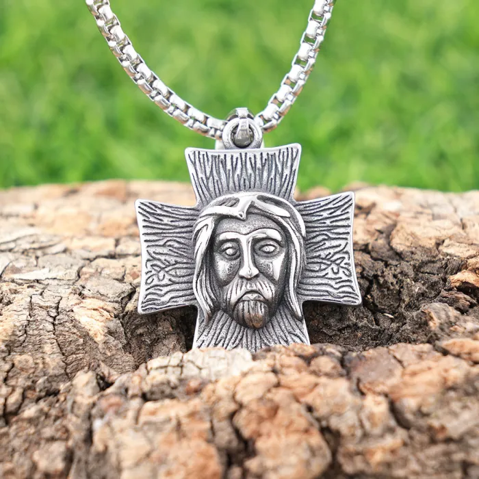 Vintage Mythical Figure Cross Pendant | Polished Stainless Steel Religious Necklace | Unique Design Jewelry | Factory Direct Supply for Wholesale and Online Resellers