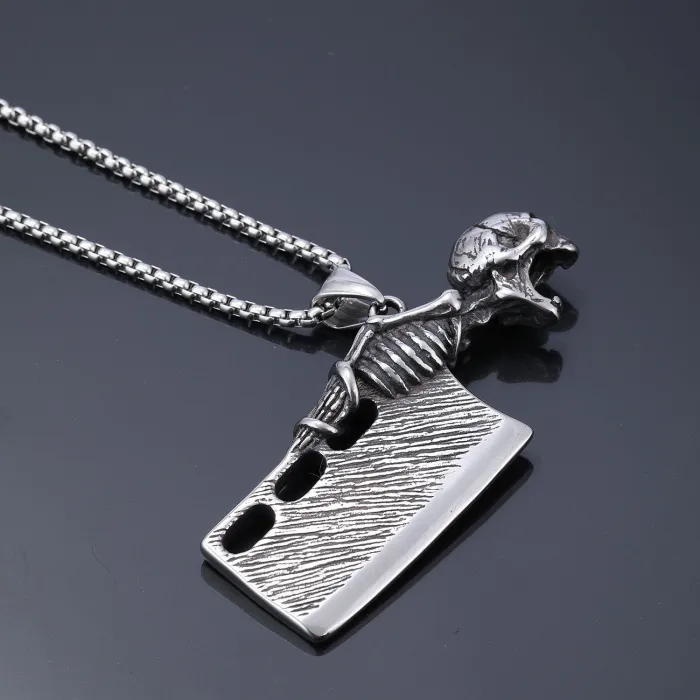 Stainless Steel Skull with Machete Pendant – Polished No-Fade Gothic Jewelry for Men | Trendy Street Style Wholesale Accessories Supplier