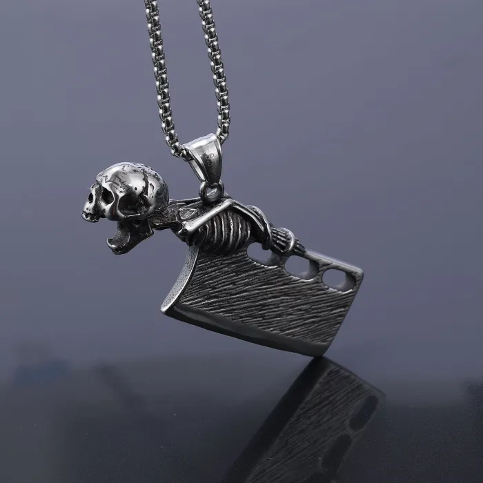 Stainless Steel Skull with Machete Pendant – Polished No-Fade Gothic Jewelry for Men | Trendy Street Style Wholesale Accessories Supplier