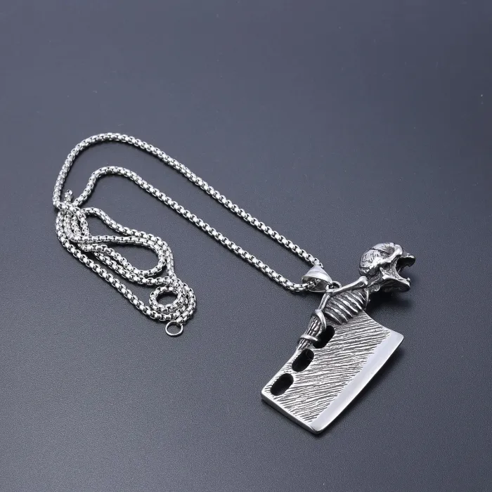 Stainless Steel Skull with Machete Pendant – Polished No-Fade Gothic Jewelry for Men | Trendy Street Style Wholesale Accessories Supplier