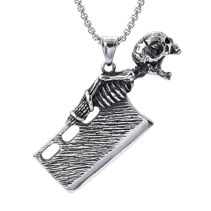 Stainless Steel Skull with Machete Pendant – Polished No-Fade Gothic Jewelry for Men | Trendy Street Style Wholesale Accessories Supplier