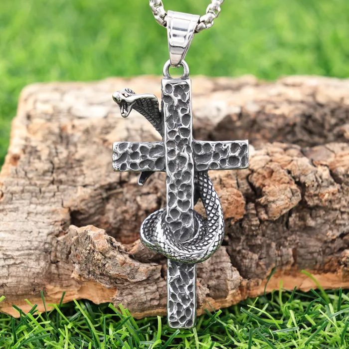 Stainless Steel Cross Cobra Pendant – Polished, Non-Fading Design for Men | Gothic Snake Necklace | Factory Supply, Ideal for Resellers & Bulk Orders