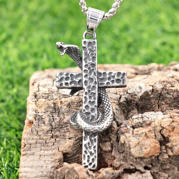 Stainless Steel Cross Cobra Pendant – Polished, Non-Fading Design for Men | Gothic Snake Necklace | Factory Supply, Ideal for Resellers & Bulk Orders